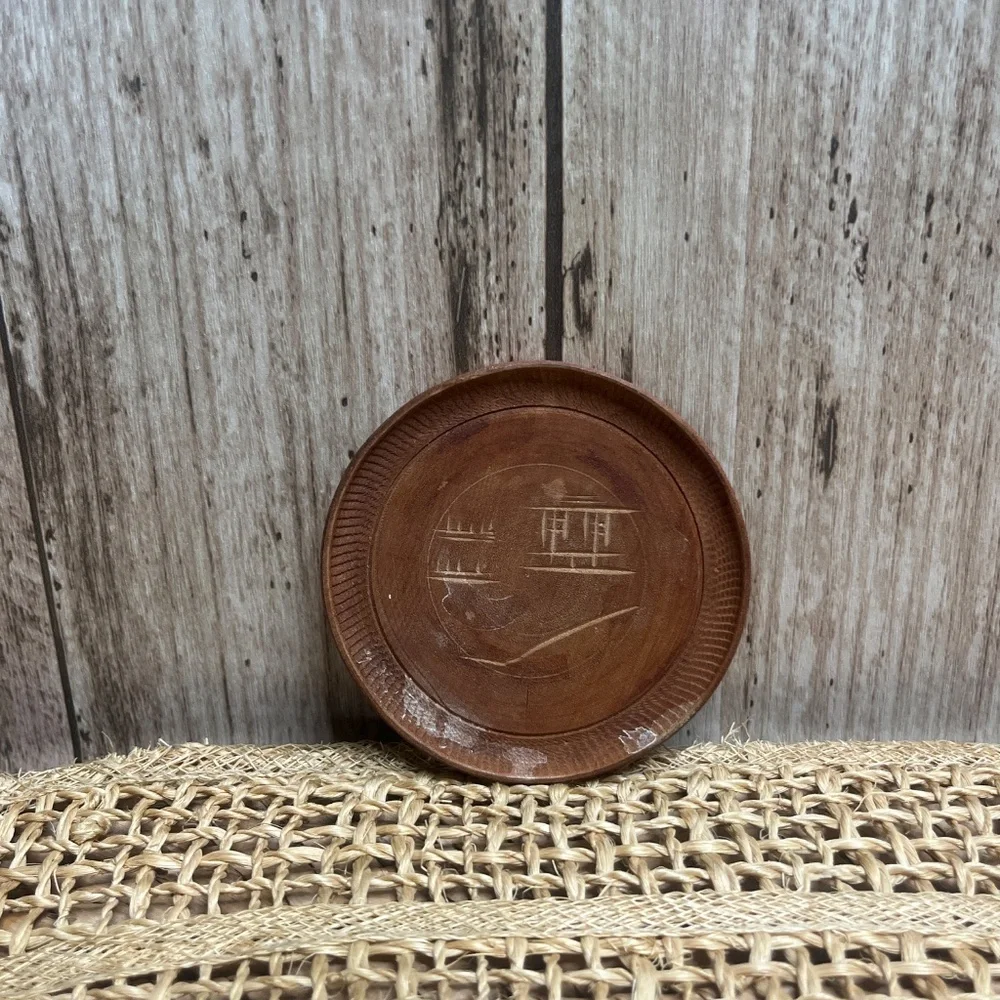 Vintage Coaster Set Asian Landscape Carved Wood Coasters w/ Holder Set of 8